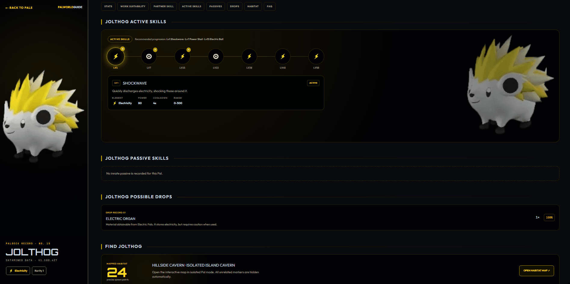 Jolthog Pal profile preview showing active skills, drops and habitat data